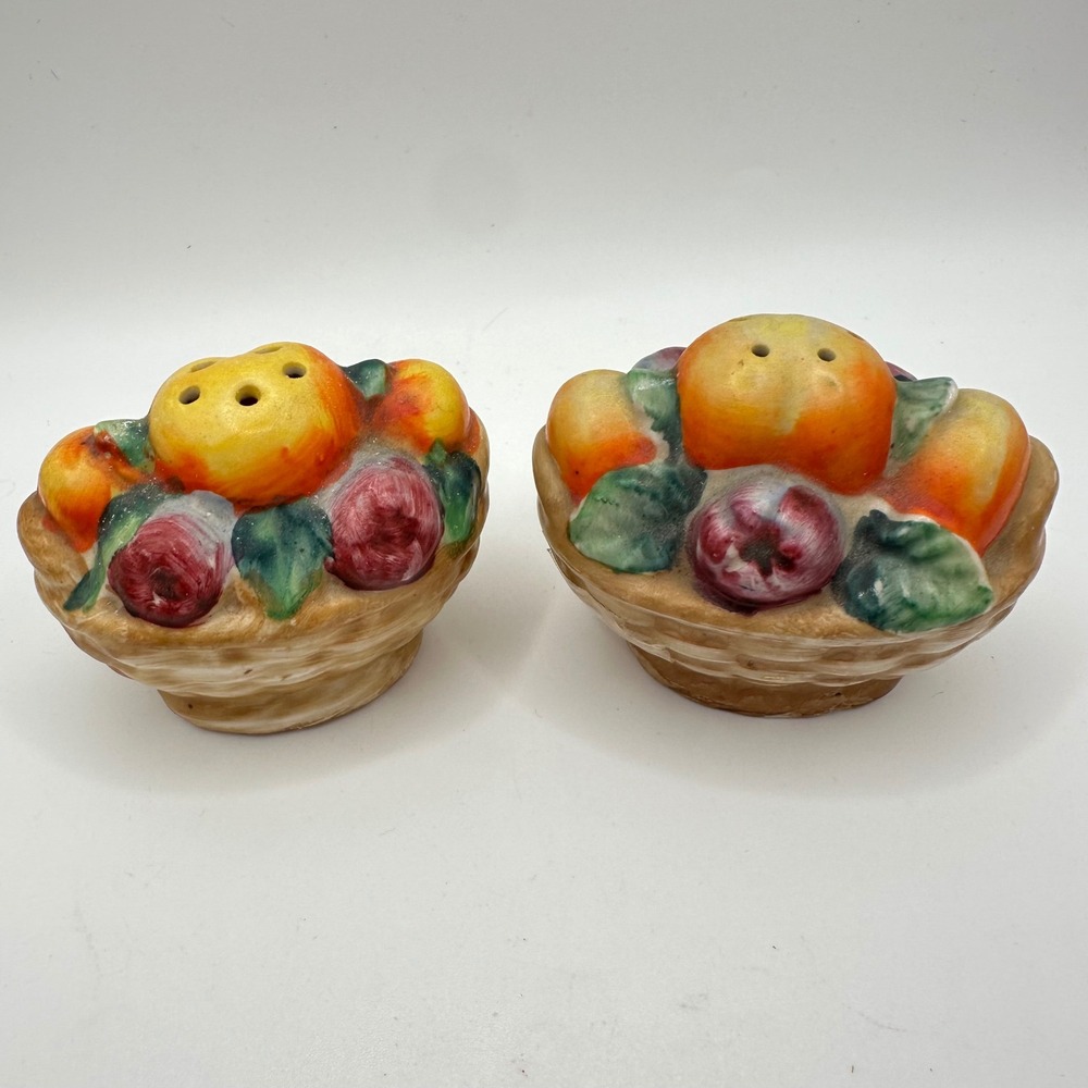 Vintage Japan Ceramic Fruit Basket Salt and Pepper Shakers Set Hand Painted